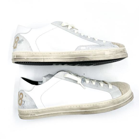 P448 John Lama Sneaker White Silver Lace Up Low Top Leather Sz 41 / 10.5 - Picture 4 of 12